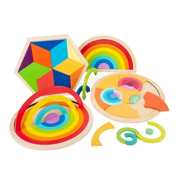 Jucării Pentru Copii Din Lemn Curcubeu Creative, Puzzle, Jocuri Educative, Jucarii Montessori Pentru Copii De Învățare Forme Geometrice