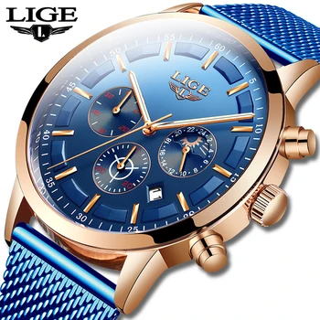 LIGE Top Brand de Lux Noua Moda Simplu Ceas pentru Barbati Blue Dial Watch Plasă de Centura Sport Impermeabil Ceasuri fazele Lunii Ceas de mână