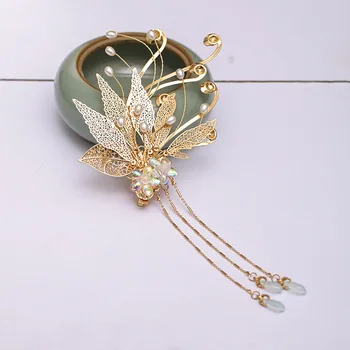 Culoare de aur de Metal de Flori Frunze Agrafe Agrafe Ciucure Lung Antic Chinez Hairgrips Mireasa Noiva Nunta Accesorii de Par FORSEVEN