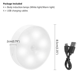 4buc Senzor de Mișcare Lumina de Noapte fără Fir Rotund USB LED Lumina Dulap Scara Lampa Magnet Baie Dormitor Dulap de Bucătărie Lumini