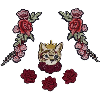 6ps/set Calitate Patch-uri Brodate de Fier cu lipici, Flori de Trandafir pisica Drăguț în coroana Noua 2017 pentru T-shirt