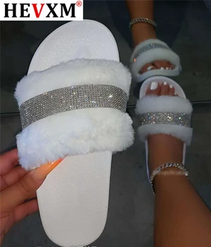 Femei Blană Papuci de Femei de Cristal Acasa tv cu Blana Slide-uri Pentru Femei Pufos de sex Feminin Pantofi Glitter Interioară Femei Pantofi Casual 2020 NOU