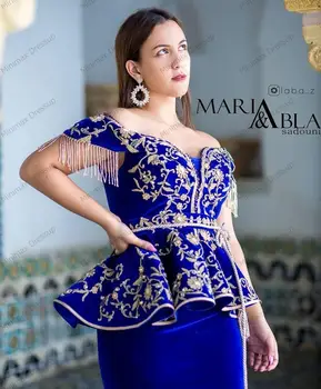 Elegant De Pe Umăr Albastru Velur Algerian Karakou Rochii De Seara Aur Aplicatii De Cristale Prom Rochii Plus Dimensiune Rochie De Petrecere