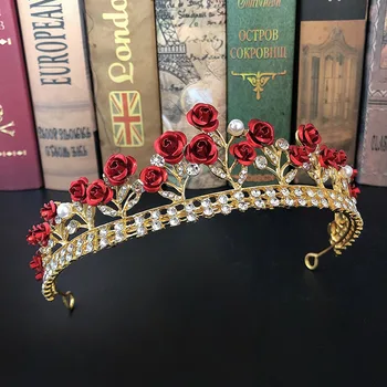 FORSEVEN Femei Fete Petrecerea de Ziua Diademe și Coroane de Noiva Mireasa Nunta Trandafir Rosu Floare Stralucitoare de Cristal de Culoare de Aur Bandă de susținere
