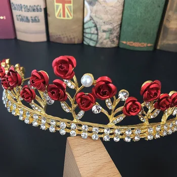 FORSEVEN Femei Fete Petrecerea de Ziua Diademe și Coroane de Noiva Mireasa Nunta Trandafir Rosu Floare Stralucitoare de Cristal de Culoare de Aur Bandă de susținere