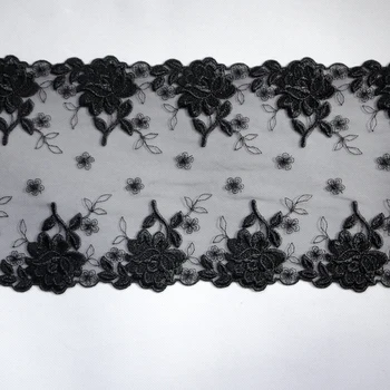 1Meter 17.5 cm Lățime Bujor Flori Brodate Dantelă Asieta Mesh negru Costum de Dantelă Decorative Aplicatiile de lenjerie, Pasmanterie Țesături Dantelă