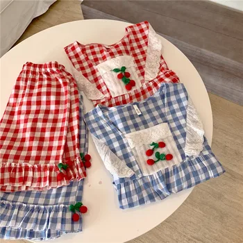 Kawaii Cherry Aplicatii De Dantela Mozaic Frilly Carouri Femei Pigama Set 2 Piese Moale Fete Homewear Vara Pijama Pantaloni Scurți Set