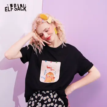 ELFSACK Harajuku Violet Amuzant Grafic de Imprimare Casual Femei T-Shirt de Vară 2020 ELF Negru Chic Butonul coreean Ladeis Top de zi cu Zi