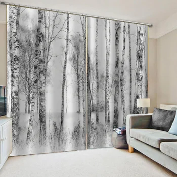 De lux Opace 3D Fereastră Perdele Pentru Camera de zi Dormitor alb mesteacan pădure, perdele Opace cortina