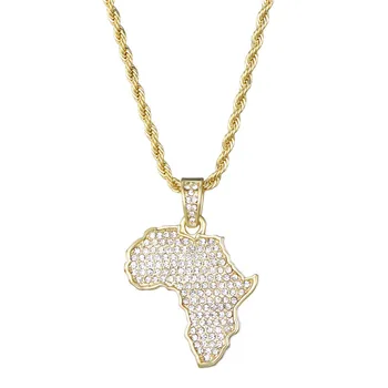 Harta Africa Pandantiv Colier De Gheață Afară Strălucește Bling Cristal De Aur/Argint De Culoare Stras Colier Frânghie Lanț Farmecul Bărbați Hip Hop