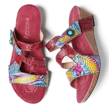 SOCOFY Femei Sandale din Piele cu Margele Florale în Relief Cârlig Buclă Cusătură Wedge Slide-uri de Sandale Casual în aer liber Pantofi de Plaja 2020