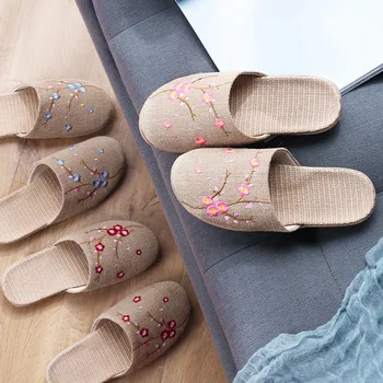 Suihyung 2020 Nouă Femei Barbati In Papuci Broderii Florale Casual Diapozitive Pereche Pantofi De Interior Respirabil Cânepă Papuci Flip-Flop