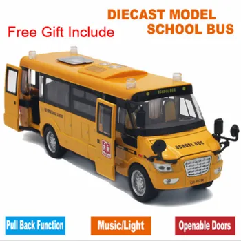 Muzică de Sunet Și Lumină LED din Aliaj de Metal de Autobuz Școlar Modelul Ușilor Deschise Trage Înapoi Mașină de Jucării pentru Copii de Craciun Cu Cadou Gratuit Semn Rutier