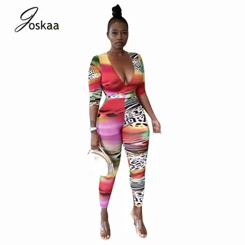 Joskaa sexy Leopard de Imprimare Multi-Culoare Imprimate mozaic gât adânc V bodysuit salopete streetwear sport de toamna pentru femei Salopeta
