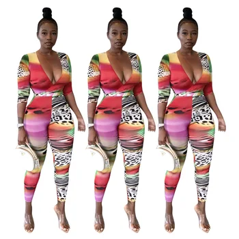 Joskaa sexy Leopard de Imprimare Multi-Culoare Imprimate mozaic gât adânc V bodysuit salopete streetwear sport de toamna pentru femei Salopeta