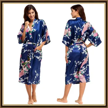 Jumătate Maneca Stil Liber Femeie Kimono Japonez Satin de Mătase Pijamale Pijamale Păun Spa Yukata Halat de Baie Doamnă în Rochie Lungă