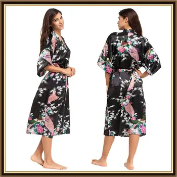 Jumătate Maneca Stil Liber Femeie Kimono Japonez Satin de Mătase Pijamale Pijamale Păun Spa Yukata Halat de Baie Doamnă în Rochie Lungă