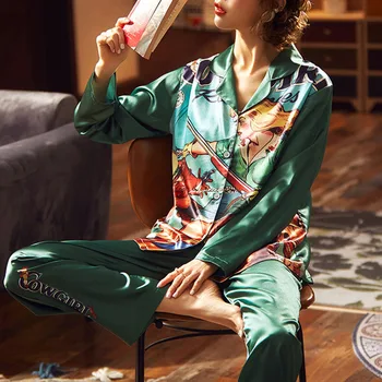 De Lux Satin Imprimat Pijamale De Mătase Pentru Femei De Moda De Primăvară Pijama Seturi Cu Maneci Lungi 2 Buc Confort Pijama Femei Casual Pijamale
