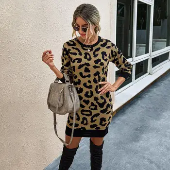 Iarna Cu Maneca Lunga Pulover Tricotate Rochie De Moda Pentru Femei Leopard Print Slim Mini Sexy Femeie Rochii Elegante Vestidos 2020 Toamna