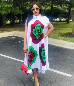 Nou stil African îmbrăcăminte pentru femei Dashiki Mari rochie de imprimare alb de flori Mari dimensiuni S-XXXL AT623