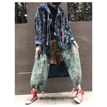 2019 Noi Harajuku Denim Trench Pentru Femei Supradimensionarea Blugi Îmbrăcăminte exterioară Maneca Lunga Single-breasted Retro Print Streetwear f924