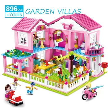 896Pcs Fete Roz Garden Villa Model Blocuri Papusa Printesa Casa DIY Juca Jocuri Jucarii Pentru Copii Fete Ziua de nastere Cadouri