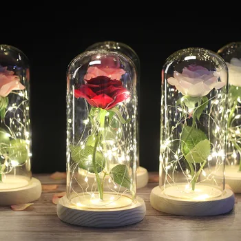 Dropshipping frumoasa si ia Trandafir Roșu într-o Cupolă de Sticlă cu Lumină LED-uri de Bază de Lemn de Valentine ' s Ziua de Crăciun Cadou