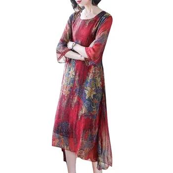 Femei Primavara-Vara Stil Șifon a-Line Rochii Lady Casual Maneca Jumătate de Flori imprimate la Mijlocul lunii Vițel Rochie a-Line Vesitos SS195