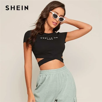 SHEIN Negru Crisscross Tiv Sloganul Graphic Tee Crop Top pentru Femei de Vară 2020 Cap Sleeve O-neck Slim Fit T Shirt Doamnelor Topuri Casual