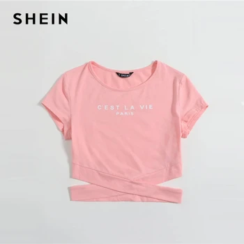 SHEIN Negru Crisscross Tiv Sloganul Graphic Tee Crop Top pentru Femei de Vară 2020 Cap Sleeve O-neck Slim Fit T Shirt Doamnelor Topuri Casual
