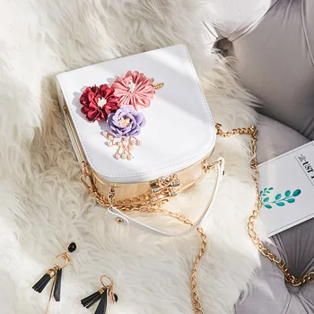 Dantelă Flori Femei geanta 2018 Nou geantă de mână de Înaltă calitate PU Piele Fata Dulce Pătrat sac Floare Pearl Lanț de Umăr Geanta Messenger