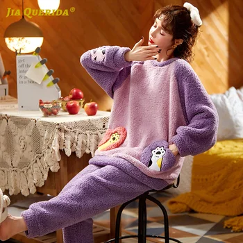Noul Moale Cu Maneci Lungi Pantaloni Lungi De Pijama Set Homesuit Homeclothes Sleepwear Stil De Moda Flanel Cald Iarna Buzunar Frontal