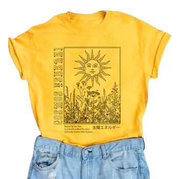 Soarele Plante Vintage Stil Boho Chic Tricou Femei Retro din Bumbac cu Maneci Scurte T-shirt Doamnelor Top de sex Feminin Grafic Tees