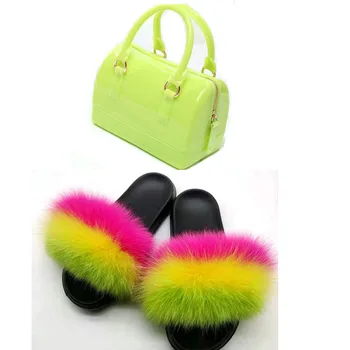 Femei De Moda Blană Blană Slide-Uri De Culori Bomboane Jeleu Set De Sac Doamnelor Plaja Vara Blana De Pluș Papuci De Blană Pufos Pantofi Se Potrivesc Set