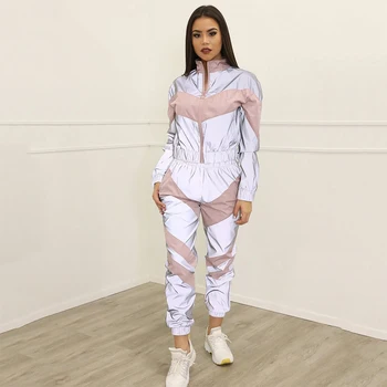 Streetwear Reflectorizante Femei Trening Set Rândul Său, În Jos Guler Cu Fermoar Talie Mare Două Bucata Set Top Si Pantaloni Mozaic Buzunare Seturi
