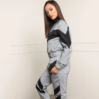 Streetwear Reflectorizante Femei Trening Set Rândul Său, În Jos Guler Cu Fermoar Talie Mare Două Bucata Set Top Si Pantaloni Mozaic Buzunare Seturi