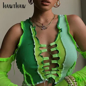 Hawthaw Femei Goale Pe Umăr Maneca Lunga Sexy Mozaic Color Block Slim Tricouri Topuri Scurte Teuri Haine De Toamna 2020