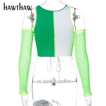 Hawthaw Femei Goale Pe Umăr Maneca Lunga Sexy Mozaic Color Block Slim Tricouri Topuri Scurte Teuri Haine De Toamna 2020