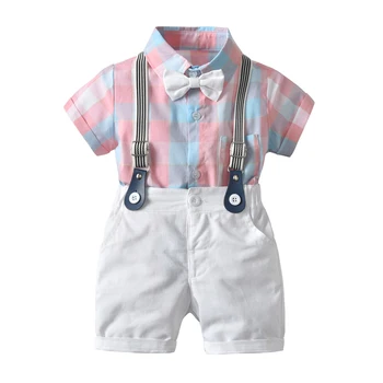 Băiețelul Camasa Carouri cu Arcul Haine Pentru Nou-născuți Tinuta unu de Ani de la Petrecerea de Ziua de Vară Romper Curea Alb pantaloni Scurți Set