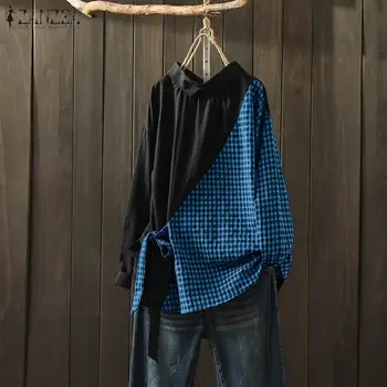 ZANZEA Street Fashion Femei Bluza 2021 Doamnelor Carouri Topuri Toamna Dantelă Sus Blusa Femininas Casual Camasa cu Maneca Lunga Plus Dimensiune 5XL