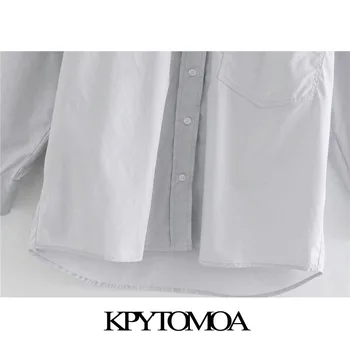 KPYTOMOA Femei 2020 Moda Cu Buzunare Largi Bluze Vintage cu Maneci Lungi Buton-up Feminin Tricouri Topuri Chic