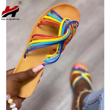 NAN JIU MUNTE Plat Sandale de Vara Femei Rainbow Papuci Casual Pantofi de Plaja si Simplu Sandale Confortabile Pantofi pentru Femei