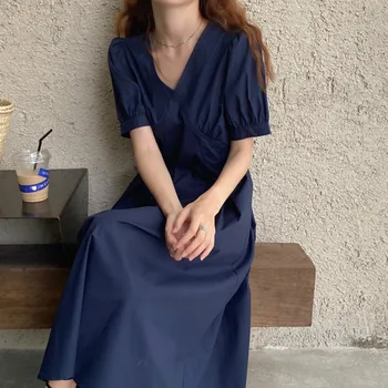 2020 Femei Vara Vintage Bleumarin V Gât Rochie Lunga Eleganta cu Talie Înaltă Falduri O-linie Pulover Rochii Midi