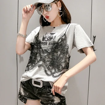 Femei T Shirt New Sosire Maneci Scurte Topuri de Bumbac Fals Două Piese de Tricouri Casual de Vara Dantelă de Moda Tee Plus-size 3XL T05309B