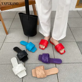 2020 Vara Noi Țesute Papuci Femei Alunece Pe Tobogane Brand De Moda Deget De La Picior Pătrat Plat Casual Flip-Flops, Papuci De Plaja Slide Sandale