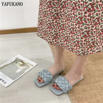 2020 Vara Noi Țesute Papuci Femei Alunece Pe Tobogane Brand De Moda Deget De La Picior Pătrat Plat Casual Flip-Flops, Papuci De Plaja Slide Sandale