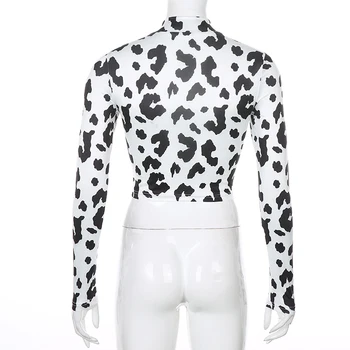 Rockmore Guler Maneca Lunga Femei T Shirt Lapte De Vacă Imprimare Full Maneci Decupate Tricouri Slab Casual De Toamna Tricouri Streetwear