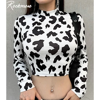 Rockmore Guler Maneca Lunga Femei T Shirt Lapte De Vacă Imprimare Full Maneci Decupate Tricouri Slab Casual De Toamna Tricouri Streetwear