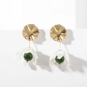 Moda Lung Acrilice Acetete Transparent Floare Picătură Cercei Rotunde de Metal de Aur Minge Verde Rășină Agățat Cercei Bijuterii pentru Femei