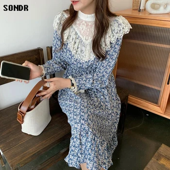 -O Bucată De Femeie Coreean Toamna Rochie 2020 Elegant Dantela Cusut Jumătate-Guler Înalt Model Floral Talie Subțire Rochii Cu Maneci Lungi